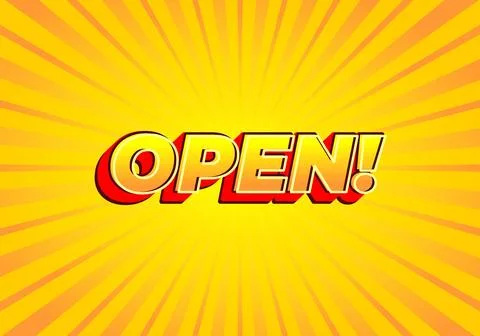 Open!. Text effect in modern look, bright yellow red color Illustration