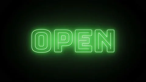 Open text with neon effect in black background. Seamless loop video Stock Footage 233358415