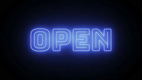 Open text with neon effect in black background. Seamless loop video Stock Footage 233358494