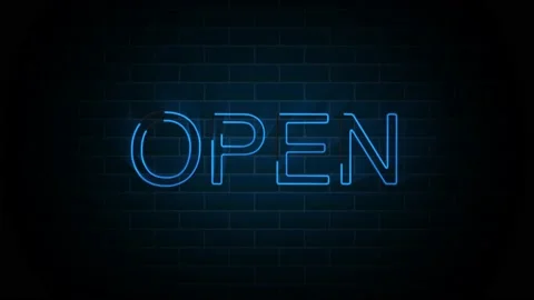 Open text on neon sign. Night bright advertisement. 4K Motion Design Animation Stock Footage 150769087