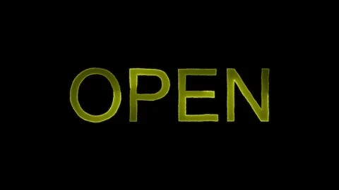 Open text neon sign. Open Sign colorful Neon Light On Black Wall. Stock Footage 309845463