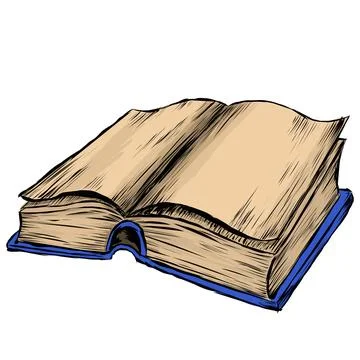 An open thick volume is a book with old yellow paper pages and a blue cover. A Stock Illustration