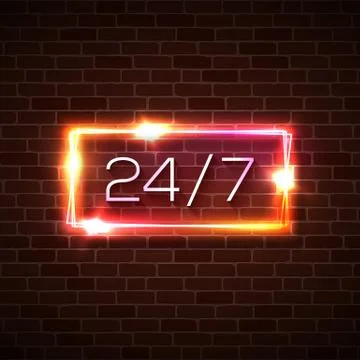 Open time 24 7 hours neon light sign on brick wall Stock Illustration