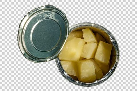 Open tin can with canned pineapple chunks top down view Stock Photos