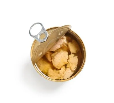 Open tin can with cod liver isolated on white background, closeup Stock Photos