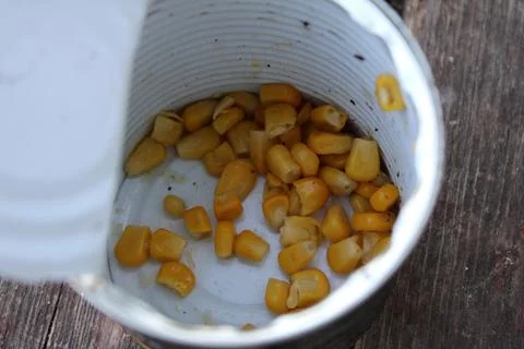 Open Tin Can with Corn Kernels on Wooden Surface Stock Photos
