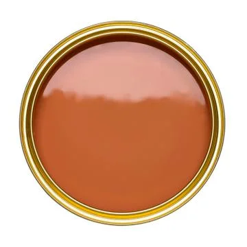 OPEN TIN CAN OF LIGHT BROWN PAINT ISOLATED ON WHITE BACKGROUND Stock Photos