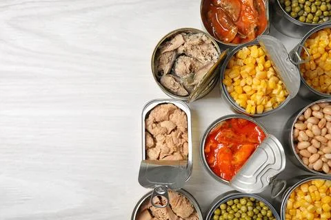 Open tin cans with different vegetables and fish meat on light table, flat la Stock Photos