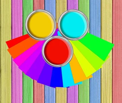 Open tin cans with paint and palette on painted wooden planks background Stockfoto's