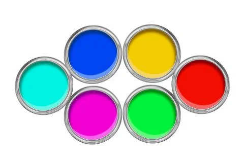Open tin cans with paint isolated on white 写真素材