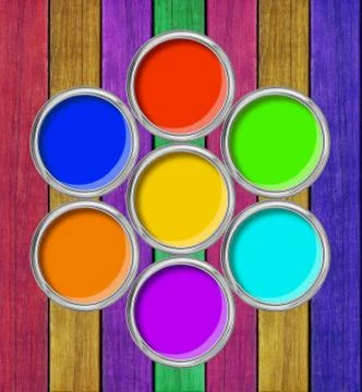 Open tin cans with paint on the painted wooden background Stock Photos