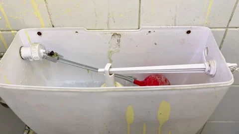 Open toilet cistern with float valve mechanism and running water inside damaged Stock Footage 331941786