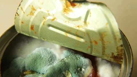 Open tomato sause paste jar  with bluish green mold Vidéo 234629938