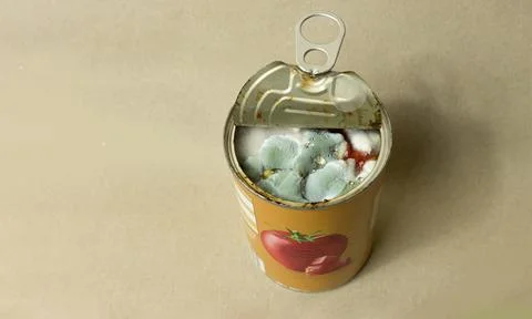 Open tomato sause paste jar  with bluish green mold 写真素材