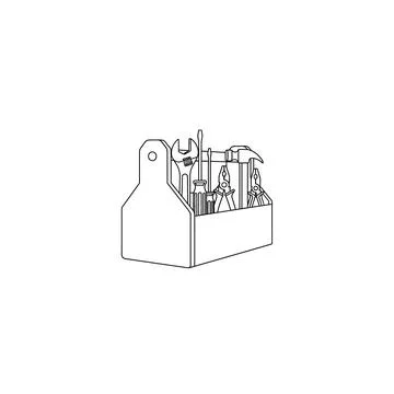 Open tool caddy with handle and hand tools outline icon Illustration