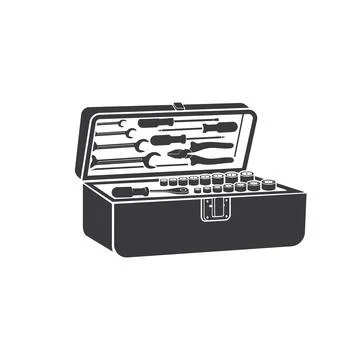 Open tool kit with wrenches, pliers, screws, bolts Ilustração Stock