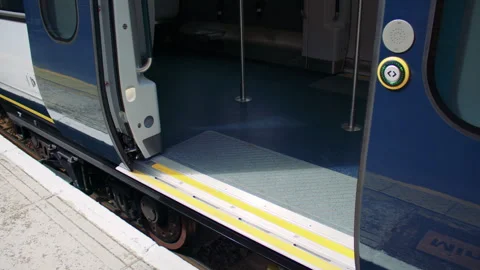 Open train door at a station platform in daylight. Stock Footage 319724239