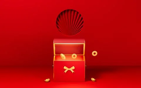 Open treasure box with red background. 3d rendering. Stock Illustration