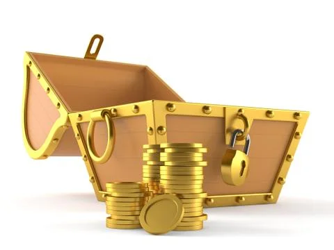 Open treasure chest with stack of coins Stock Illustration