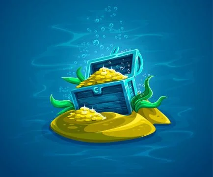 Open trunk. Hidden pirate chest with gold treasures in ocean Stock Illustration