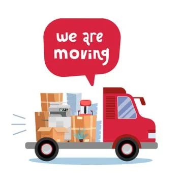 Open trunk of the truck woth stack af office things in cardboard boxes.Corpor Illustrazione stock