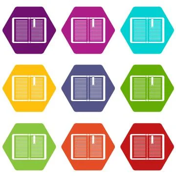 Open tutorial with bookmark icon set color hexahedron Stock Illustration