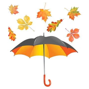 Open umbrella and leaf fall isolated on white background. Vector Illustration Stockillustratie