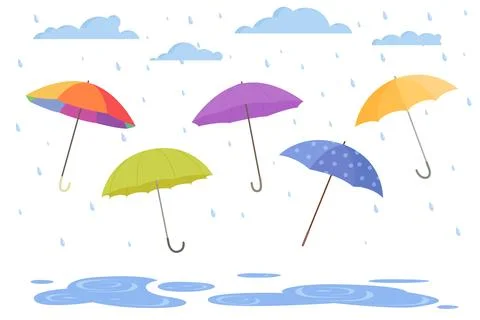 Open umbrella set to protect from rain, parasols in different colors with Stock Illustration
