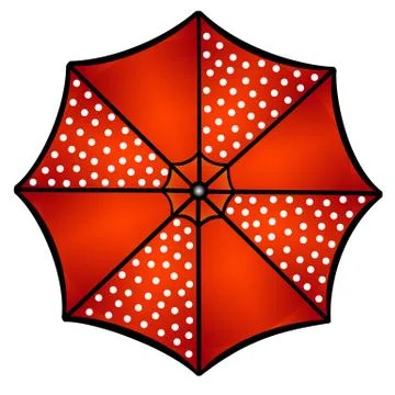 Open umbrella top view. Red polka dot umbrella - full color vector illustration. Stock Illustration
