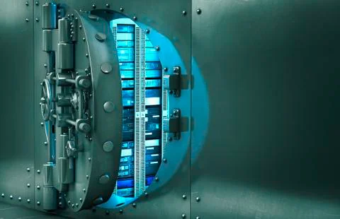 Open vault door revealing computer servers Illustrazione stock