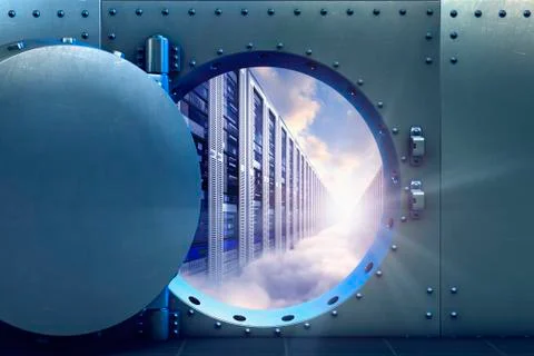 Open vault door revealing computer servers Ilustración de archivo