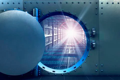 Open vault door revealing computer servers and binary code Stockillustratie