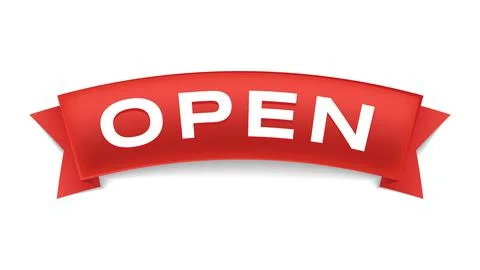 Open vector flat sign isolated on white background. Text on red ribbon. Open Stock Illustration