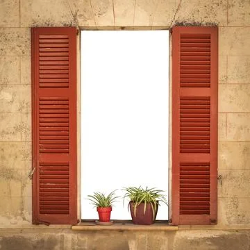 Open Villa Window With Red Shutters And Isolated Space For Text Stock Photos