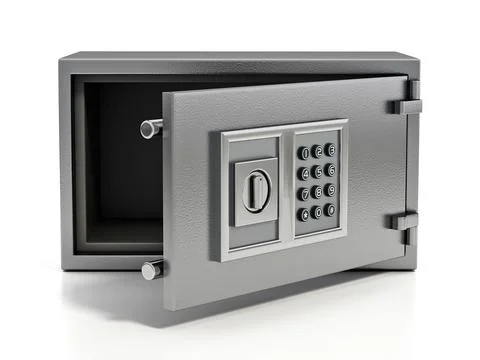 Open wall safe with digital keypad isolated on white background. 3D illustrat Illustrazione stock