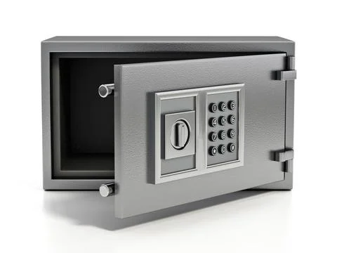 Open wall safe with digital keypad isolated on white background. 3D illust... Stock Photos