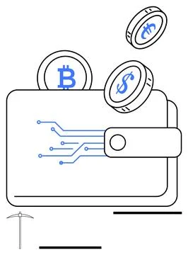 Open wallet with digital circuits holding Bitcoin, Dollar, smart contract coi Stock Illustration