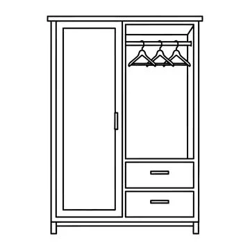 Open wardrobe closet with empty hangers. home furniture storage outline Stock Illustration