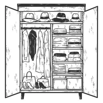 Open wardrobe with thingswith things. Sketch scratch board imitation coloring. Stock Illustration