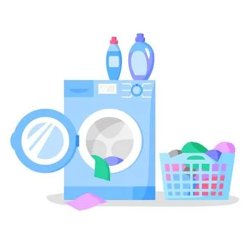 Open washing machine and laundry basket with clothes, bottles with liquid Stock Illustration