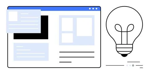 Open web page with content blocks alongside a lightbulb symbolizing creativit Stock Illustration
