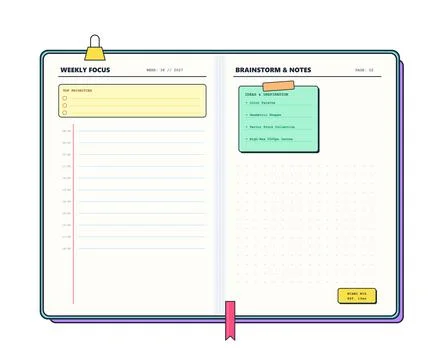 Open weekly planner and brainstorm notes layout vector template Stockillustratie
