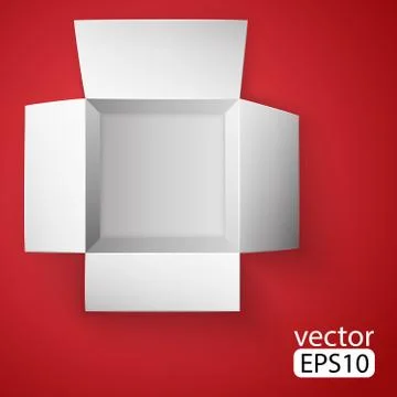 Open white box on red background. top view. Stock Illustration