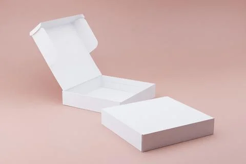 Open white boxes, pink background, packaging mockup Stock Illustration