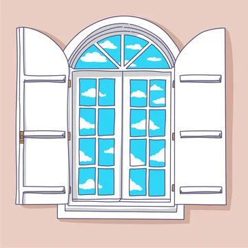 An open white classic window with clouds and blue sky view and cream wall Stock Illustration