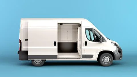 Open White Delivery Van 3d render on blue background Illustrazione stock