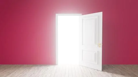 Open white door showing light in pink room Ilustración de archivo