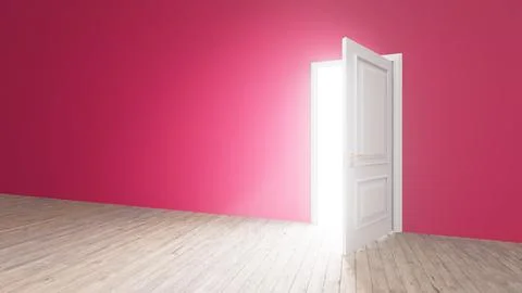 Open white door showing light in pink room with wooden floor Stock Illustration
