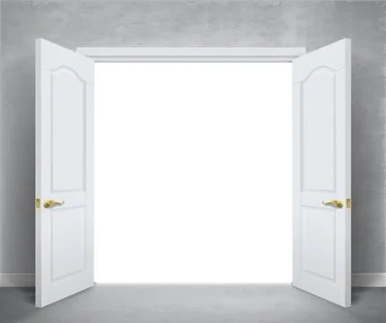Open white double doors on gray wall Stock Illustration
