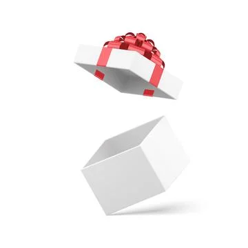 Open white empty gift box with cap red bow ribbon displaced festive pack 3d i Illustrazione stock